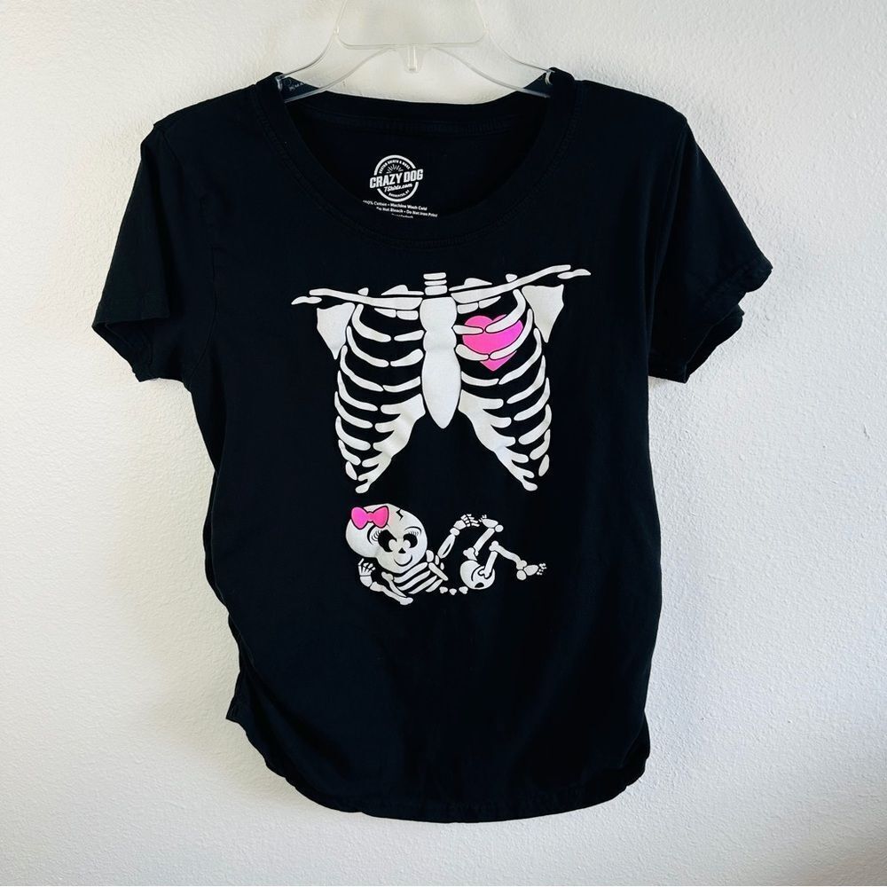 Crazy Dog Black White Skeleton Maternity Girl Tee Size L